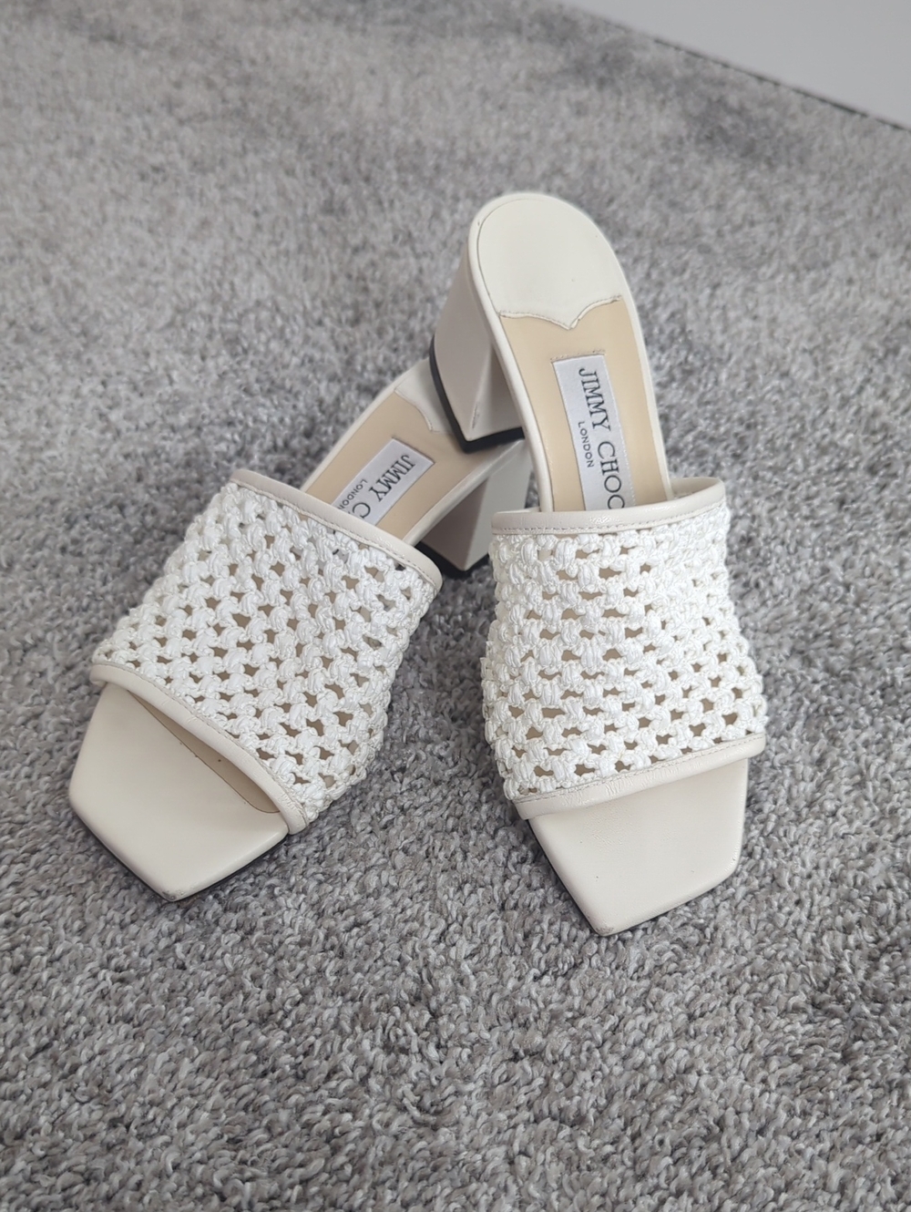 Jimmy Choo Cream Crochet Block Heel Slides